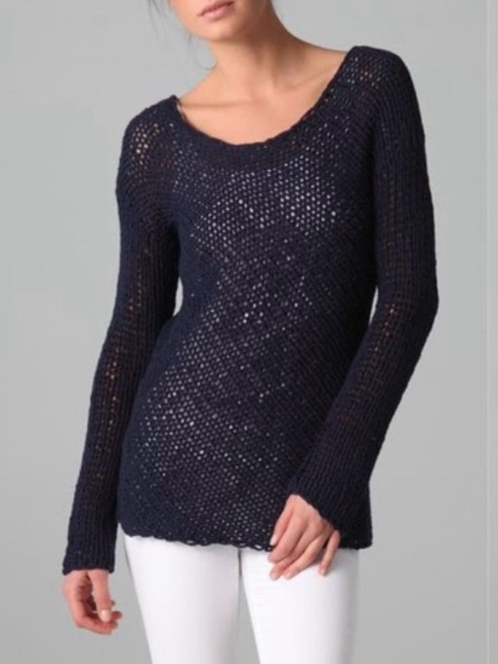 Vince Italian 100% Cotton Open Weave Navy Blue Bias Knit Scoop Neck Sweater Sz L
